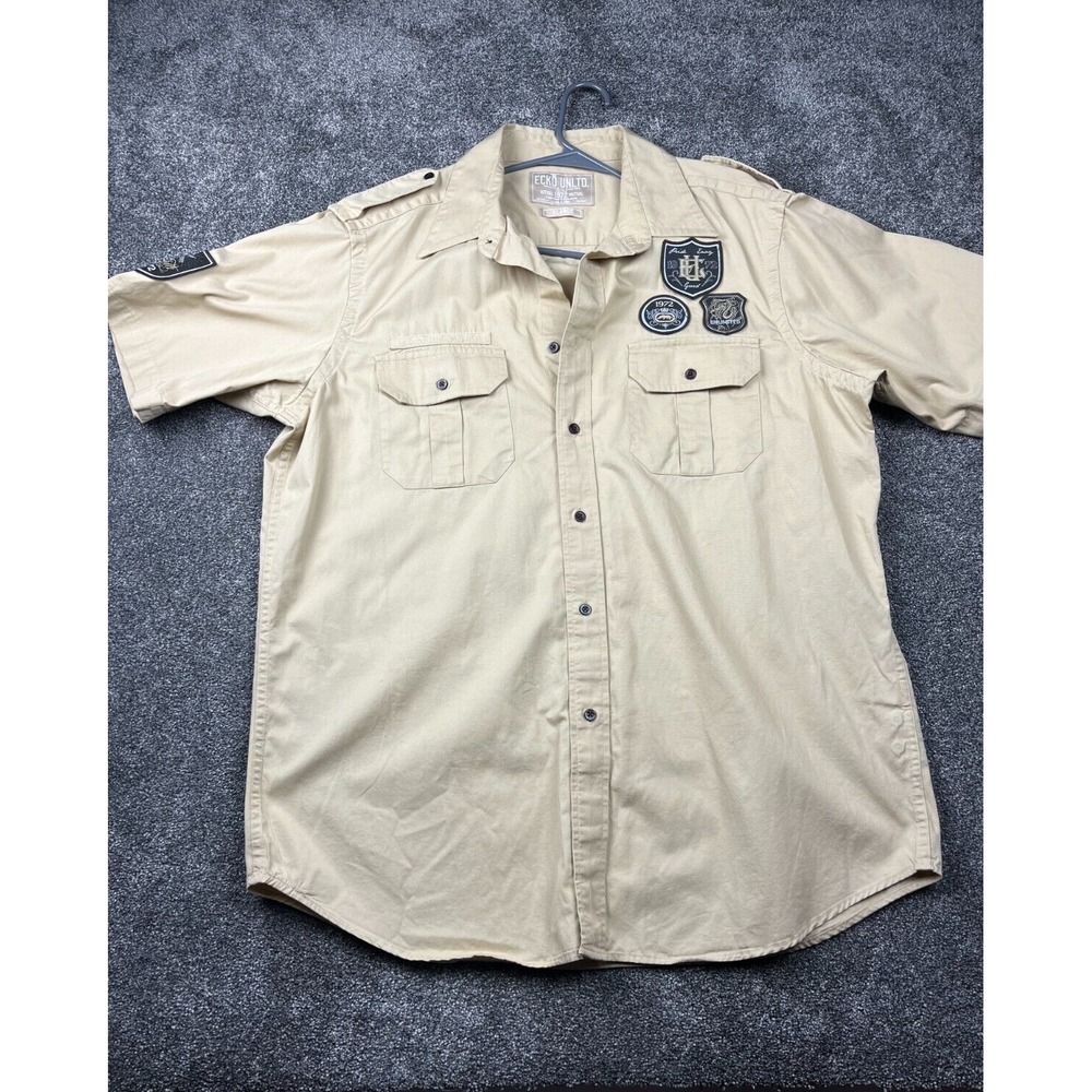 ECKO UNLTD Shirt Mens Extra Large Military Style‎ Button Shirt w/Patches Tan